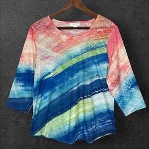 Christopher & Banks Petite Top PXL 3/4 Sleeve Brushstroke Print Blouse